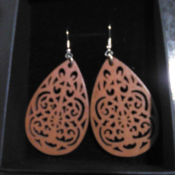 Jewelry - NEW Carved Wood Brown Earrings